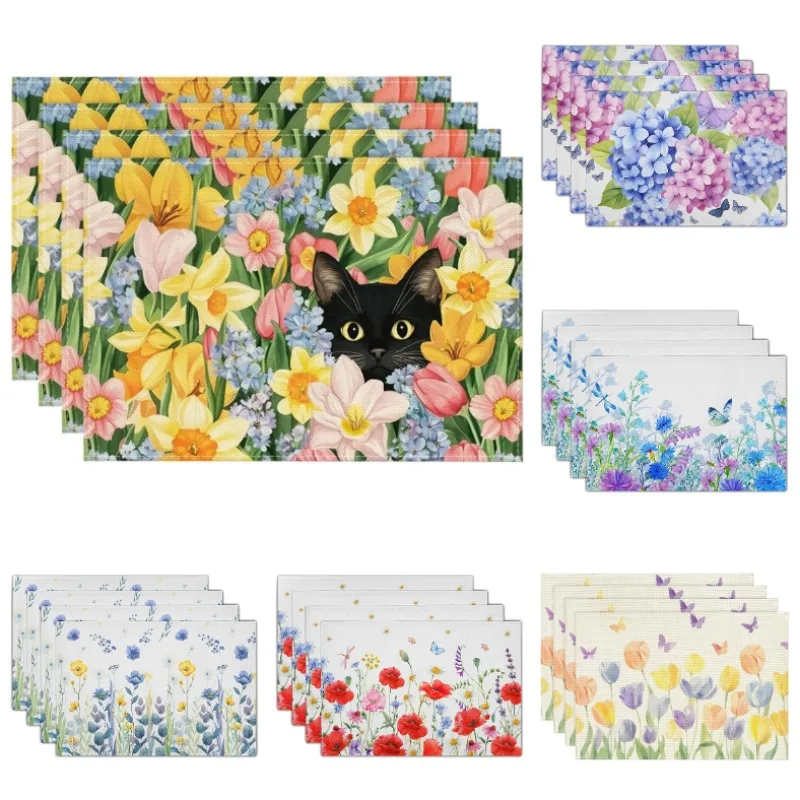 Niedliche Tischsets mit schwarzer Katze und Blumenmuster, Vintage-Gartentischdekoration, Frühlingsblumen-Thema, rutschfeste, hitzebeständige Tischsets