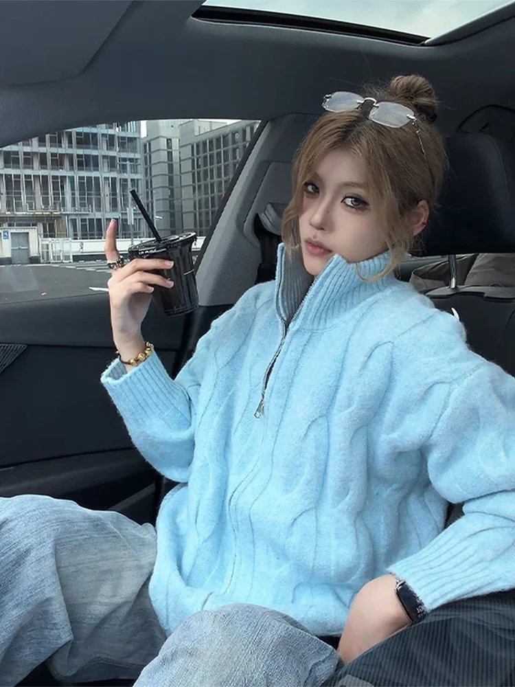 

Синий фактурный кардиган Cleanfit: осенне-зимняя свободная вязаная верхняя одежда, мягкая, теплая, с длинными рукавами, на молнии