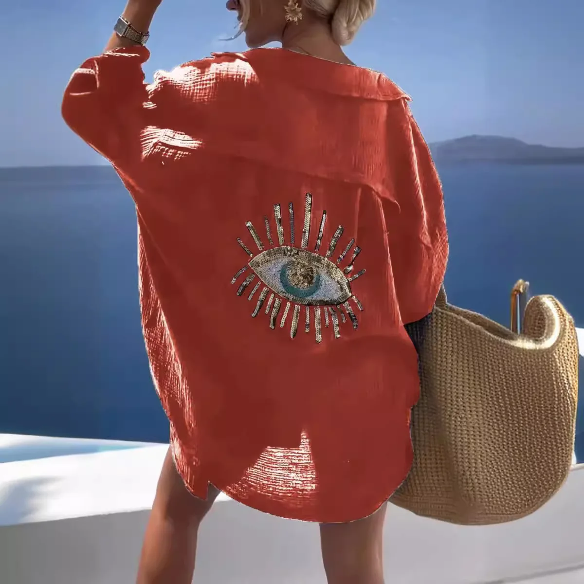 موضة الربيع والصيف عين الشر قميص طويل الأكمام فضفاضة القطن و قميص كتان المرأة عادية الترتر مطرز بدوره إلى أسفل زر بلوزة #3