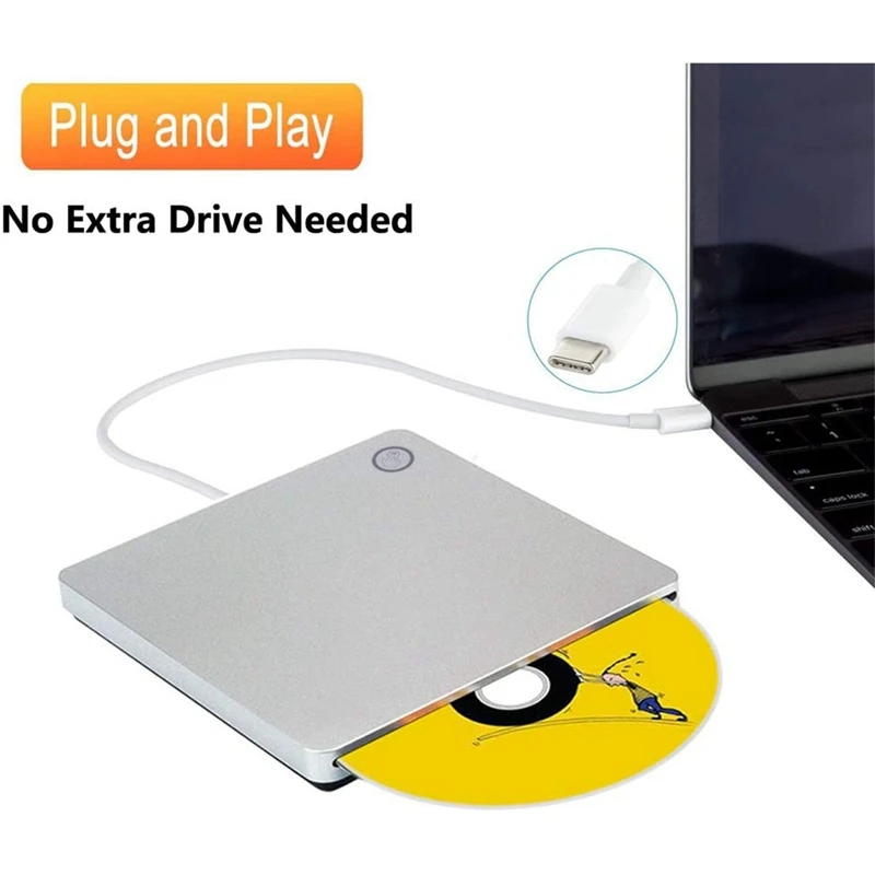 Unidade externa de cd dvd usb c, portátil tipo-c botão de contato inteligente slot-in cd dvd queimador player escritor para desktop (prata)