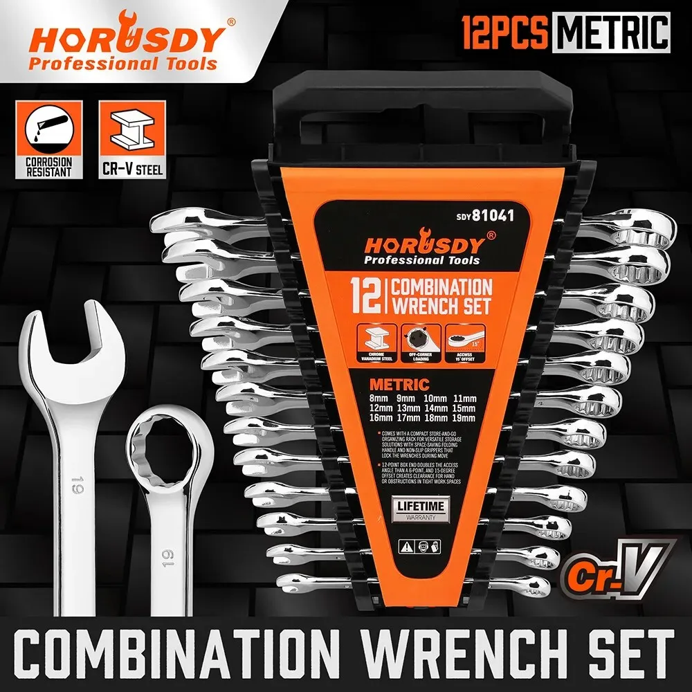 HORUSDY 12Pcs 8‑19mm CRV Metric Spanner Set Open & Ring End Wrenches With Storage Rack For Mechanical Repair Work