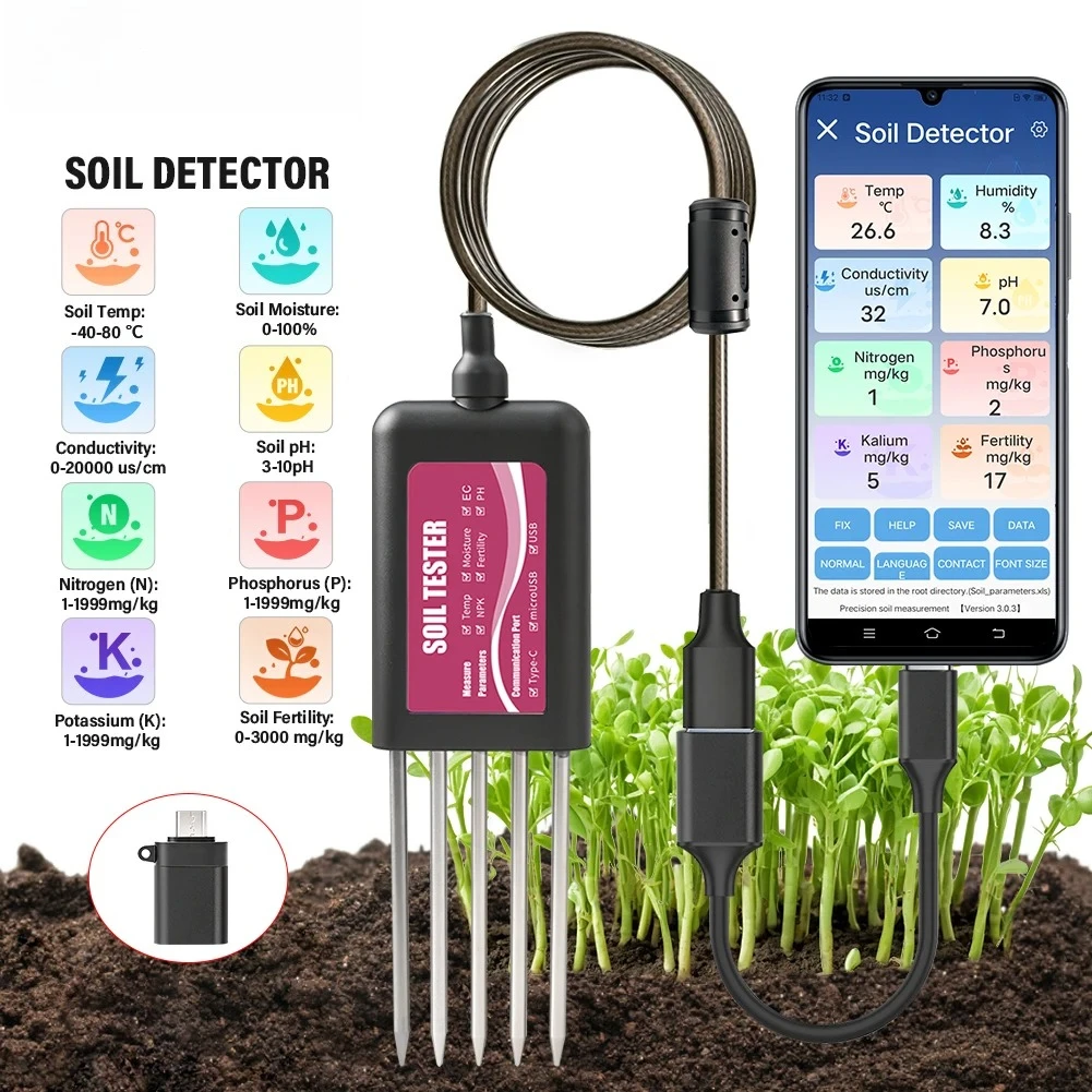 Testeur de sol 8-en-1 : NPK, pH, EC, température, humidité, fertilité, capteur étanche IP68 pour agriculture intelligente et jardinage