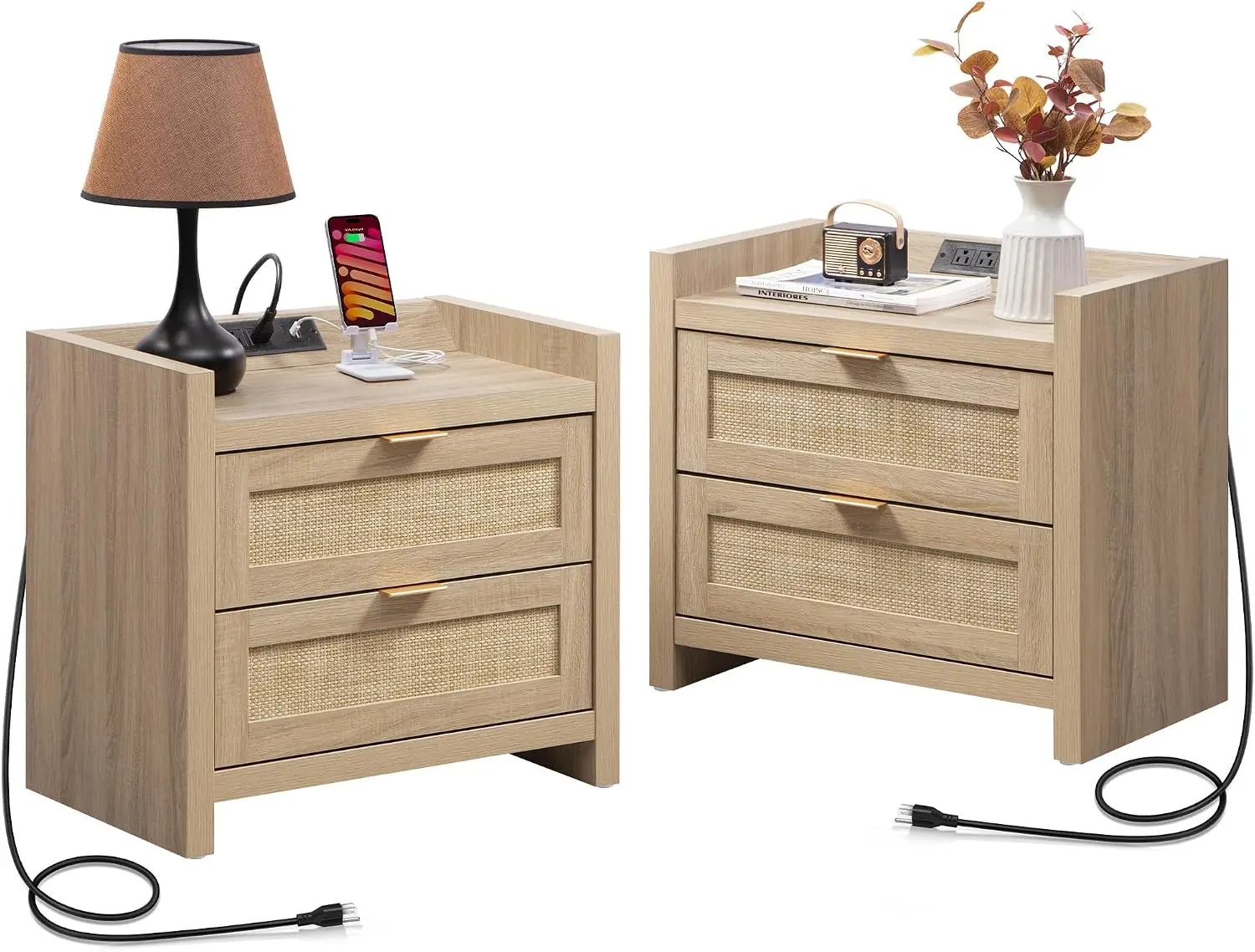 Rattan Nightstand Set of 2 for Bedroom, Bedside Table with Drawers, Customized