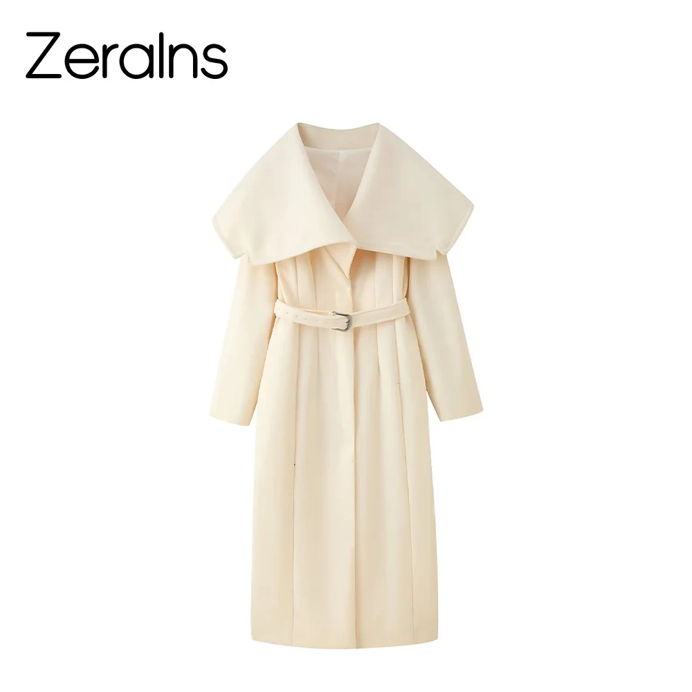 

ZERAINS Big collar coat women's long style 25 year autumn new Korean version loose and lazy style lace up woolen coat