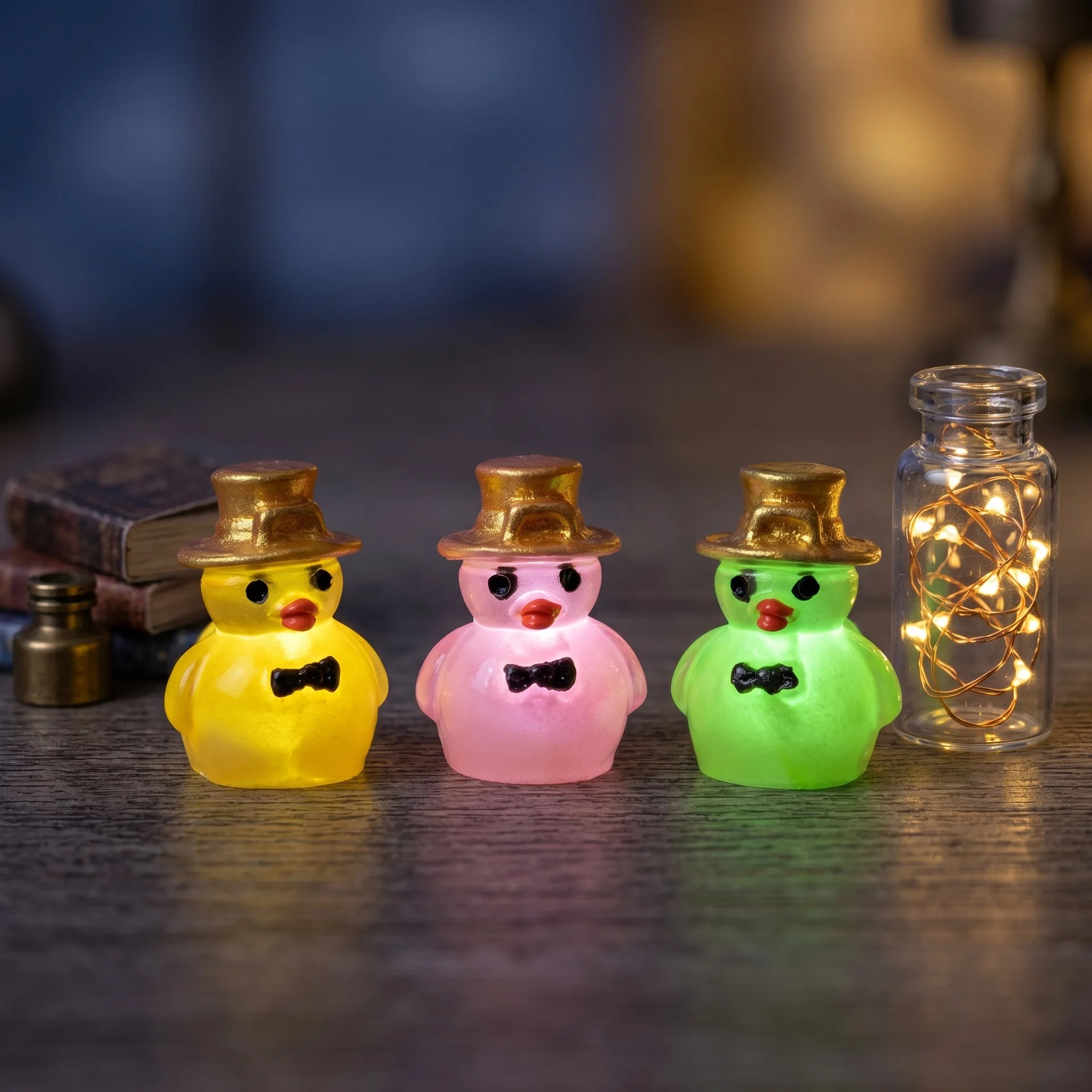 50/100Pc Luminous Mini Resin Top Hat Tiny Ducks Miniature Figures Bulk Little Duck Charms for Party, DIY Micro Landscape Decor