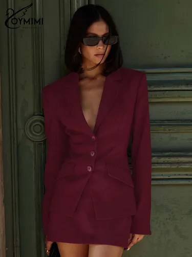 Imagen 2 del producto Oymimi-Conjunto de dos piezas de color rojo vino para mujer, Blazers elegantes de manga larga con una botonadura y minifaldas simples ajustadas