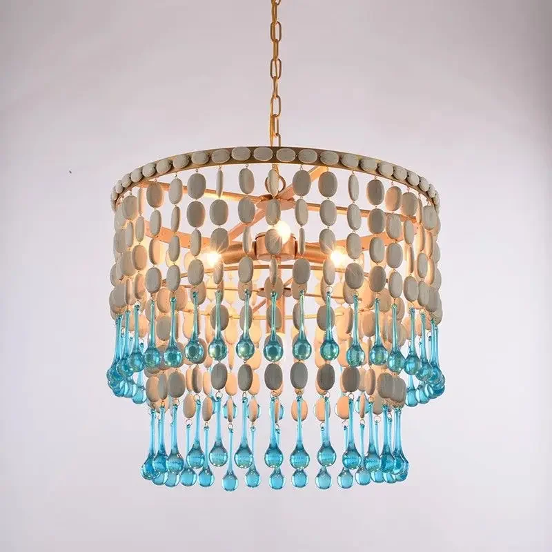 Mediterranean loft wooden chandelier nordic elegant design blue glass drop lamp for living room bedroom kitchen home decoration