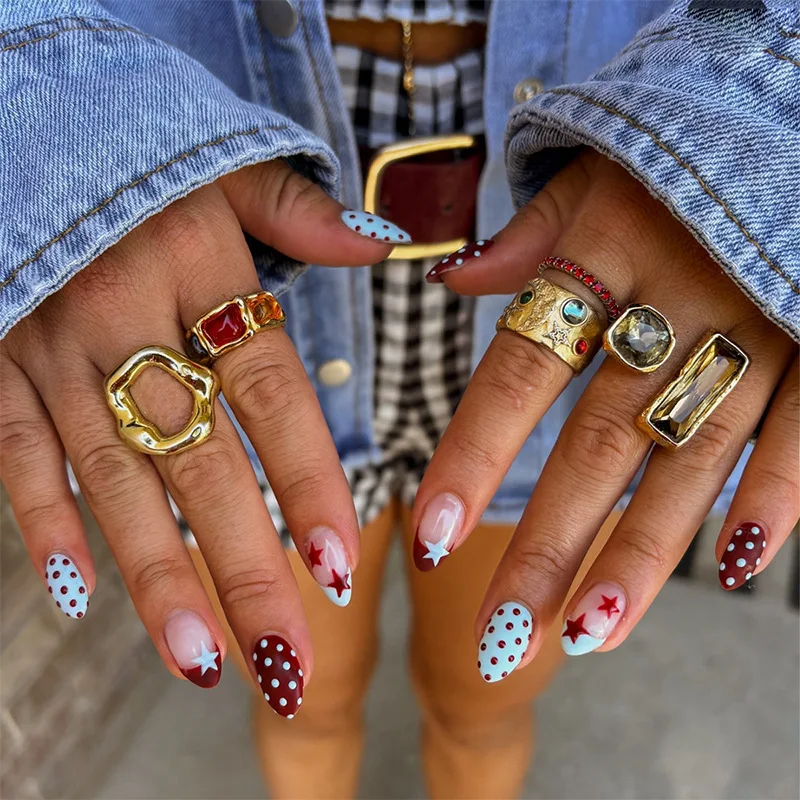 

24PCS Sweet Cool Almond False Nails Blue French with Simple Star Polka Dots Designs Fake Nails Spice Girls Wearable Ins Nail Set