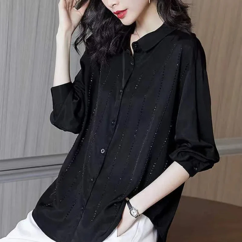 Spring Autumn Fashion Elegance Solid Chiffon Blouses Women's Clothing Diamonds Single Breasted POLO Collar Long Sleeve Shirts