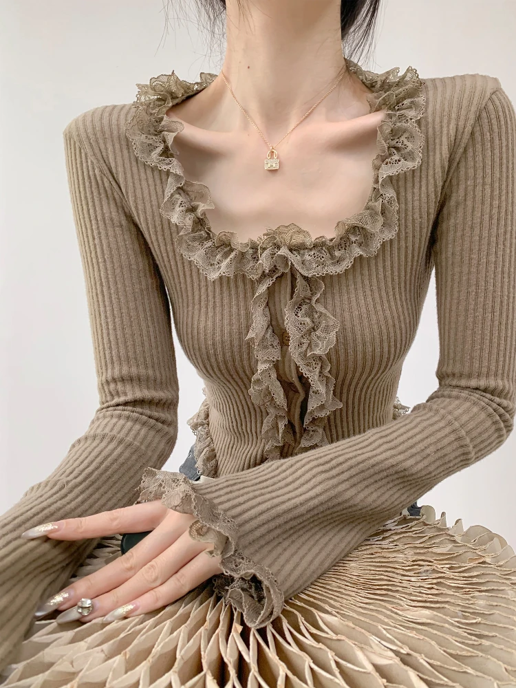 2026 Square Collar Lace Edge Splicing Long Sleeve Knitted Sweater Retro Short Style Slim Tops Autumn Winter Women's Cardigan