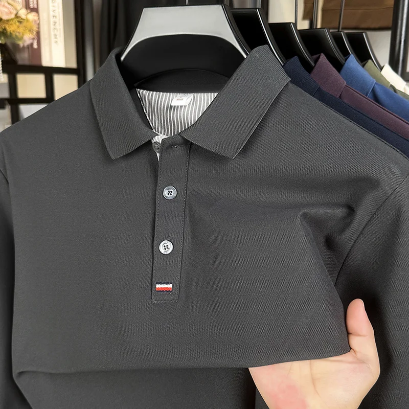 الرجال الخريف القطن الخالص طويلة الأكمام تي شيرت الأعمال عادية انتشار طوق قميص بولو أبي نمط فضفاض