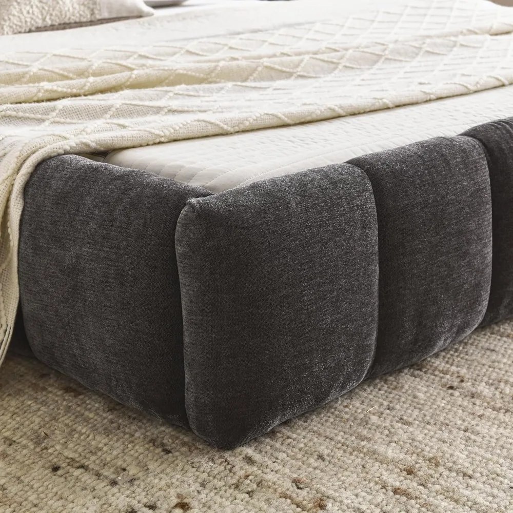 Bases de cama, cama con plataforma tapizada de chenilla con cabecera suave de nube, estructura de cama con base de madera tapizada con suelo, bases de cama