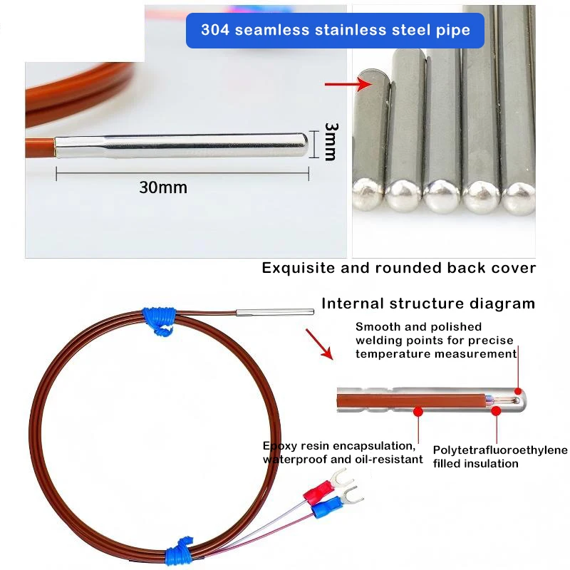 T/J/K type thermocouple with φ3*30mm package, six-sided clamp waterproof and oil-proof probe, PTFE wire temperature sensor