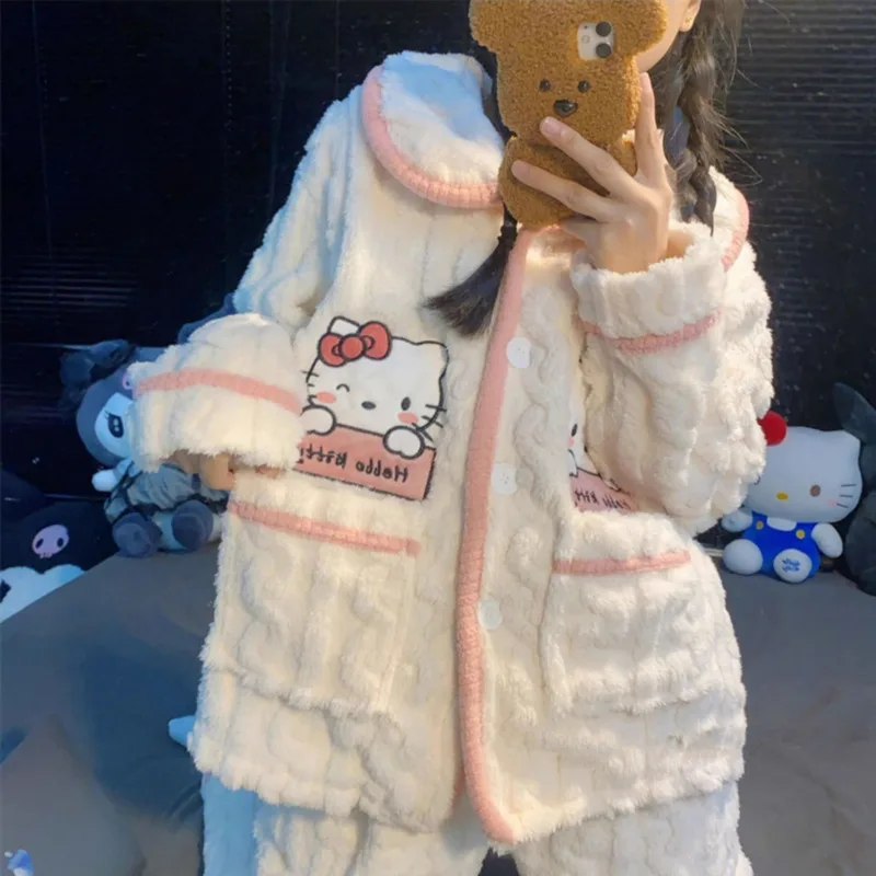 

Sanrio Hello Kitty женские осенне-зимние плотные теплые пижамы из кораллового флиса милые модные пижамы трендовая повседневная домашняя одежда