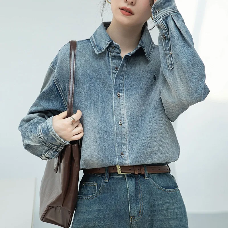 High Quality Denim Shirt Women New 2024 Autumn Vintage Style Turn-down Collar Basics Female Long Sleeve Casual Tops Shirts W1928