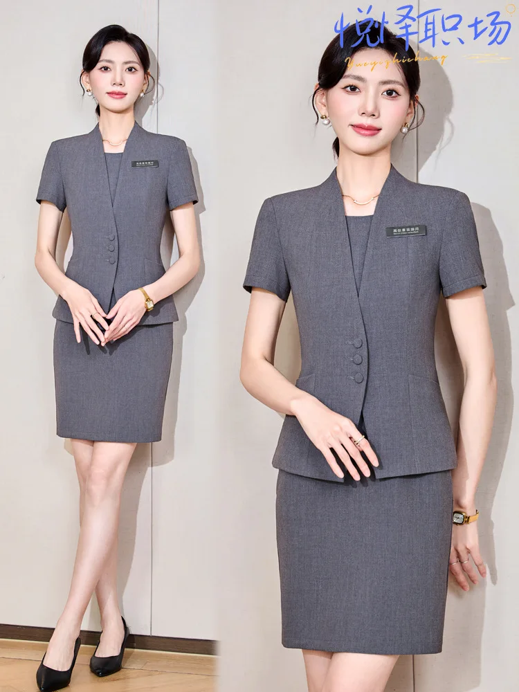 

Gray women's summer thin suit, high-end hotel front desk short-sleeved professional attire, jewelry store formal workwear