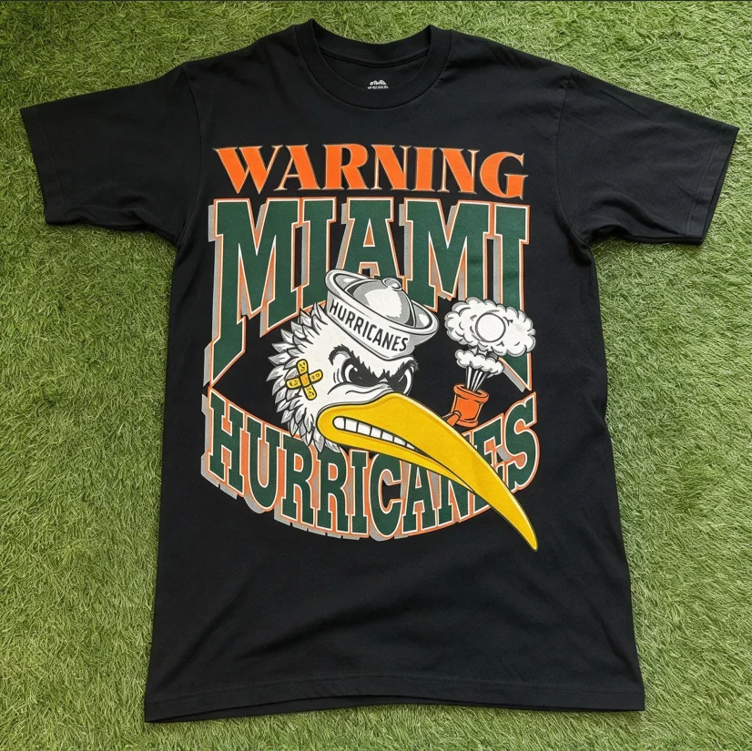 2026 Vintage Miami Hurricanes T Shirt Warning Cartoon Mascot Front Print Tee Unisex Oversized Cotton College Sports Fan Tops