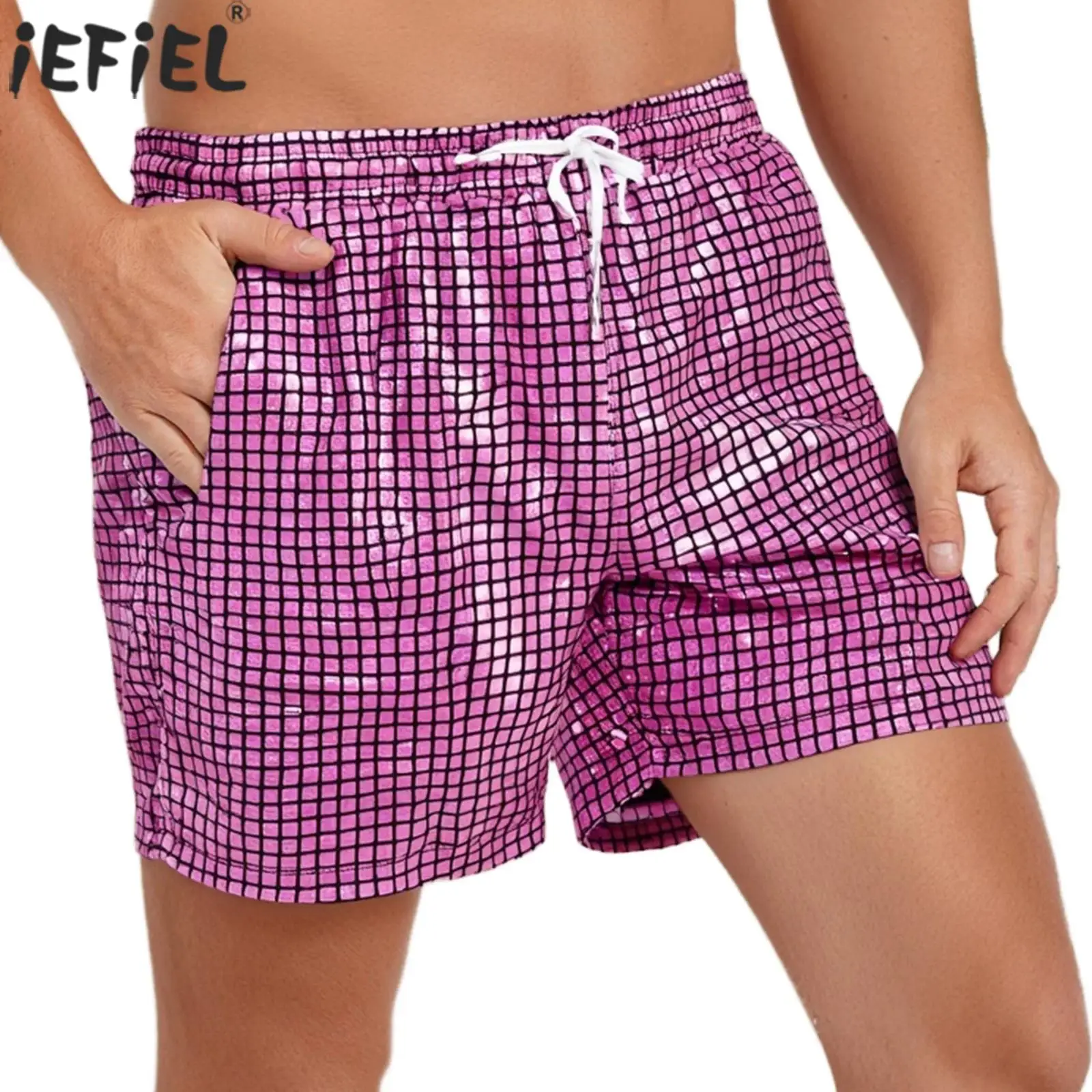 

Мужские модные шорты металлик на шнурке с эластичным поясом, клетчатые шорты с карманами для джазовых танцев, брюки для выступлений на сцене