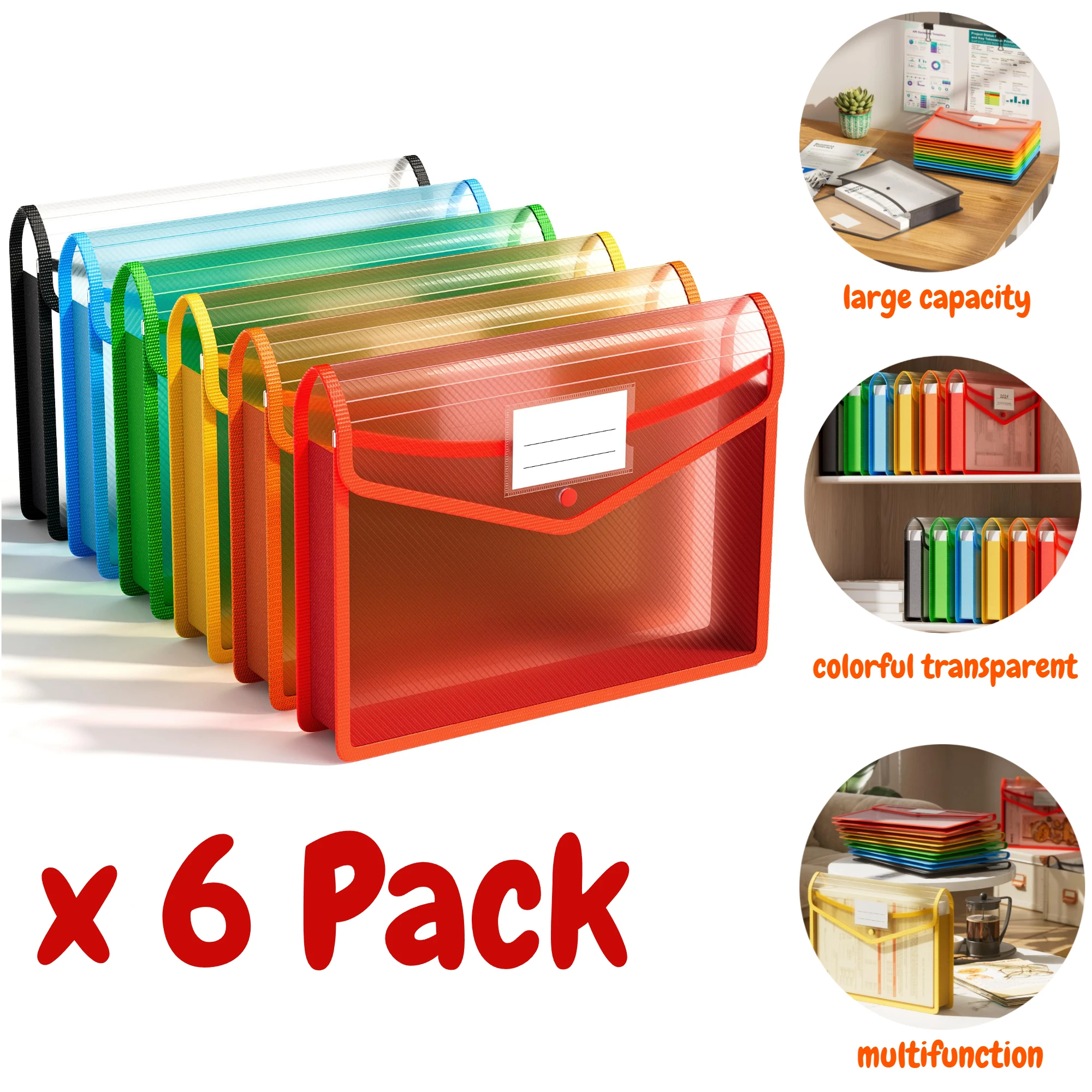 

6 Pack A4/B5 Plastic Expanding File Folder with Snap Closure Colorful Transparent Accordion File Pouch Large Capacity Fit Letter
