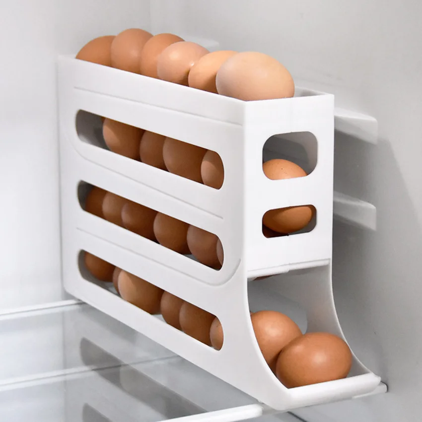 4 Layer Slide Egg Storage Box Automatic Rolling Egg Holder Refrigerator Side Door Storage Box Kitchen Egg Dispenser Organizer