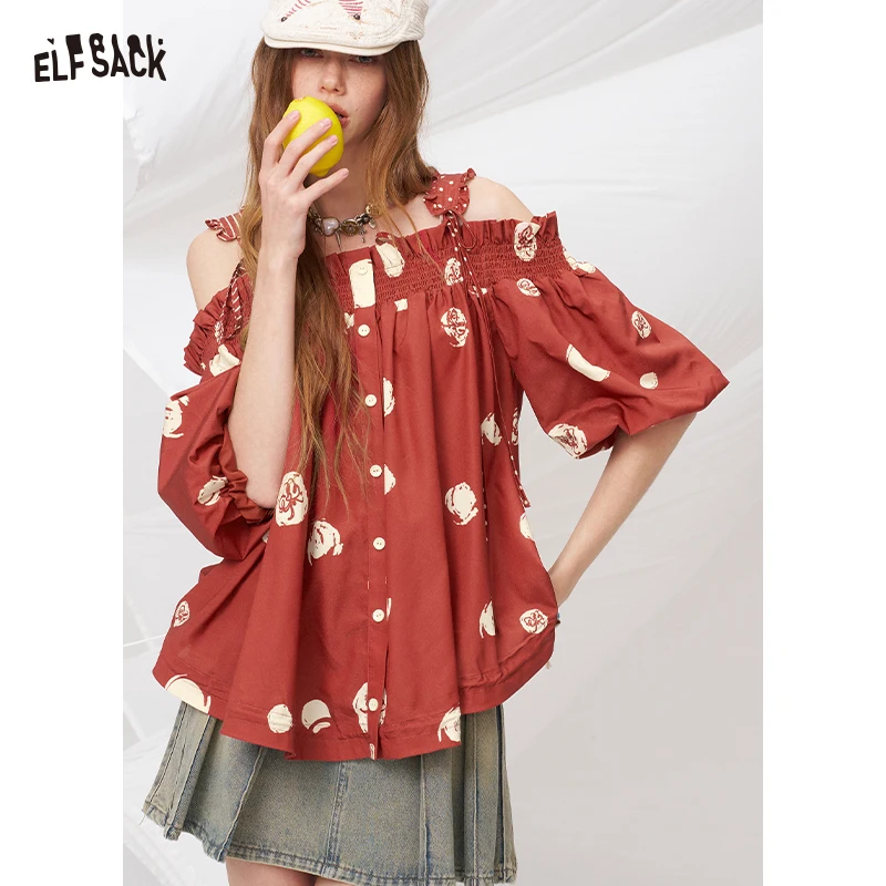 

ELFSACK Sweet Off-Shoulder Printed Blouse, Red Polka Dot Puff Sleeve Button-Down Shirt, Casual Loose Summer Top
