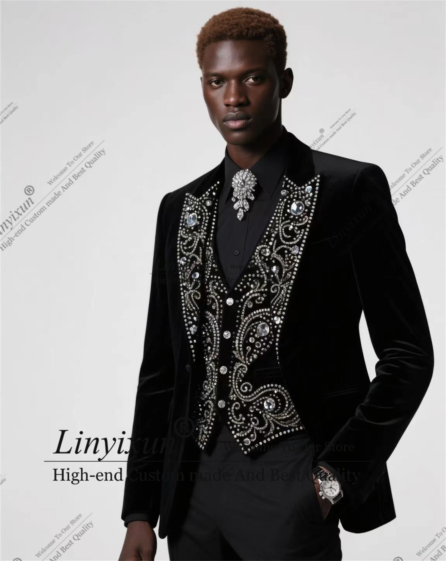 

Professional design of high-end suits For Wedding 3Pieces Male Prom Blazer Sparkly Crystals Beaded trajes para hombre Customized