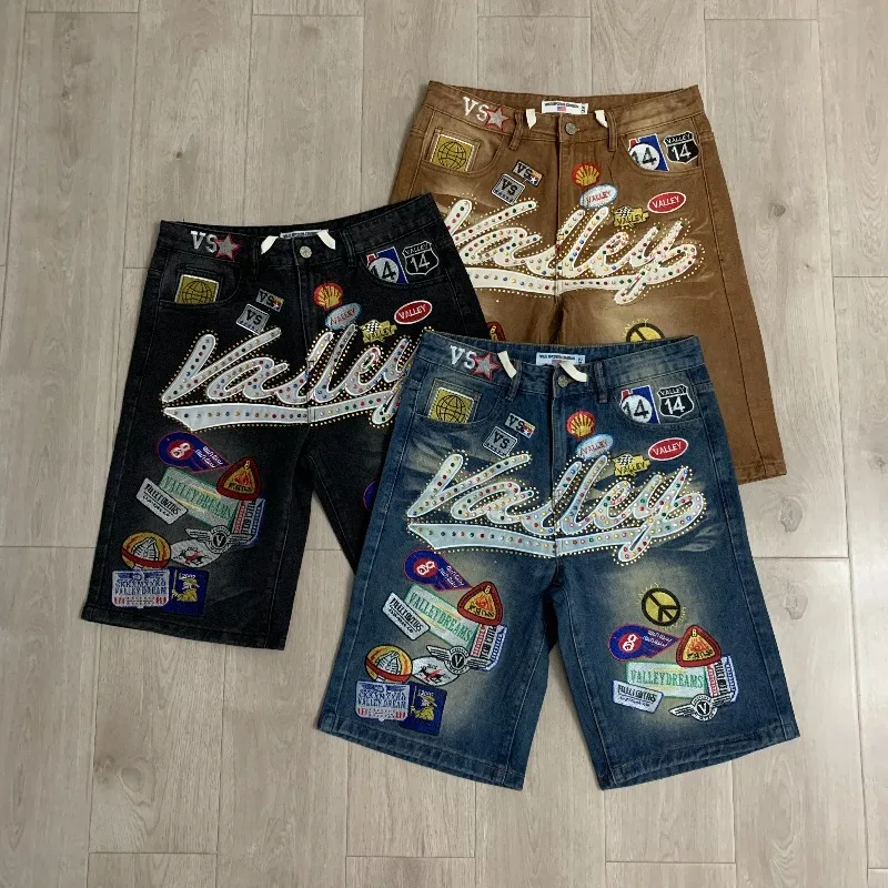 New Y2K Colorful Rhinestone VALLEY Embroidery Patch Label Denim Shorts Jorts Men Women High Quality Loose Straight Short Jeans view 2