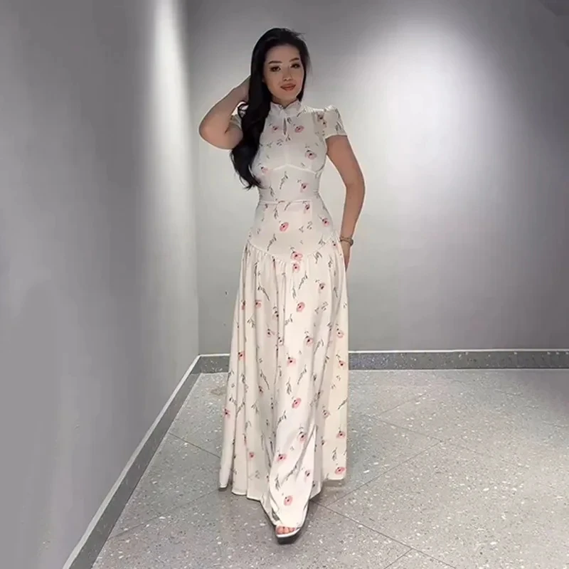 

2026 Spring New Fashion Elegant Pure Color Short Sleeve Zipper Print Casual Versatile Long Dress Women