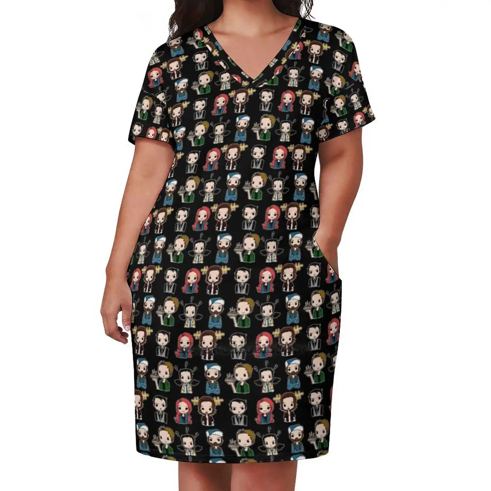 

Chibi Supernatural Loose Pocket Dress Women'S Printed Dresses V Neck Casual Dress New Design Supernatural Dean Winchester Sam