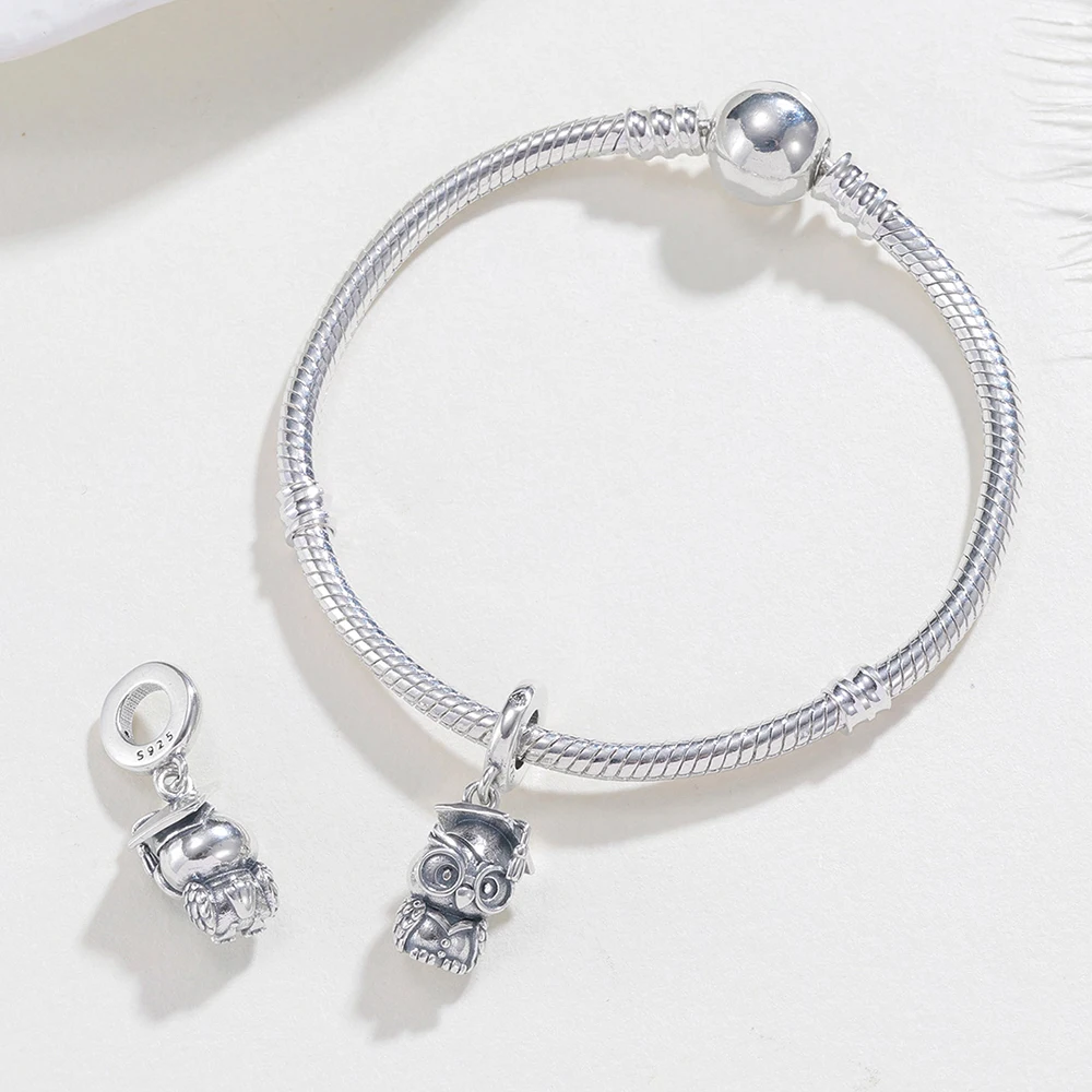 925 Sterling Silver Charm Owl Graduation Cap Pendant Fits Original Bracelets Meaningful Graduation Jewelry Gifts For Women