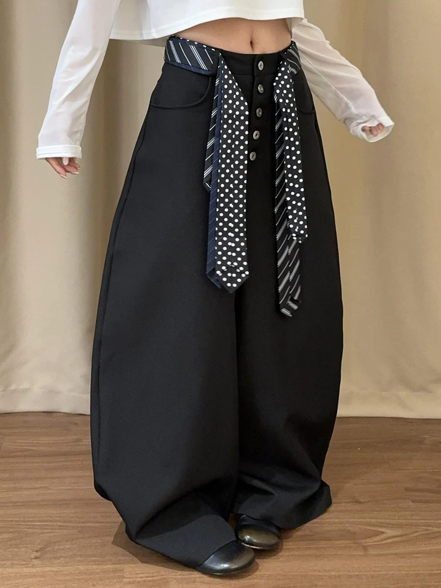 ReddaChic Pantalones de vestir de pierna ancha para mujer con bolsillos con lazo Pantalones palazzo con detalle de botones sueltos e informales para uso diario en la oficina