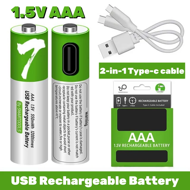 

1.5V AAA USB Rechargeable Batteries 500mAh Li-ion with Type-C Port, Perfect for Remote Controls, Computer Mouse, and Keyboards