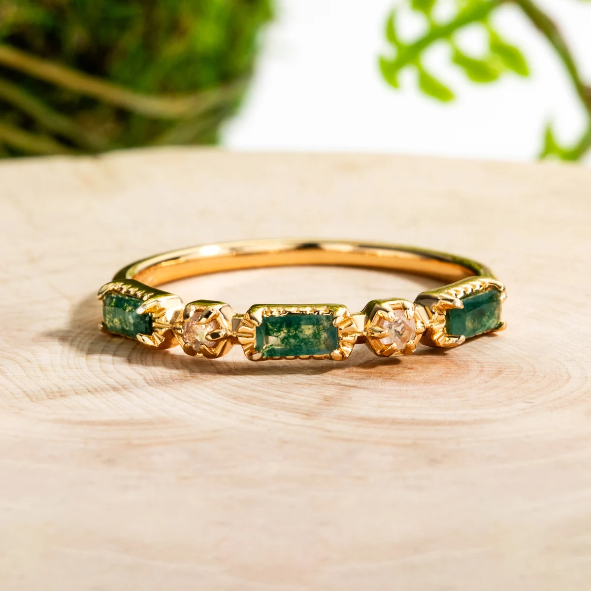 AliMoss 2*4mm 0.1ct Geometry Cut Moss Agate Wedding Half Eternity Band Rings 925 Sterling Silver Gold Plated CZ Ring for  You