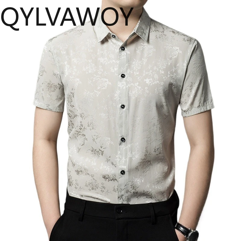 QYLVAWOY 92% Real Mulberry Silk Shirts for Men Thin Summer Shirts Short Sleeve Tops Floral Lapel Shirts for Man Business Casual