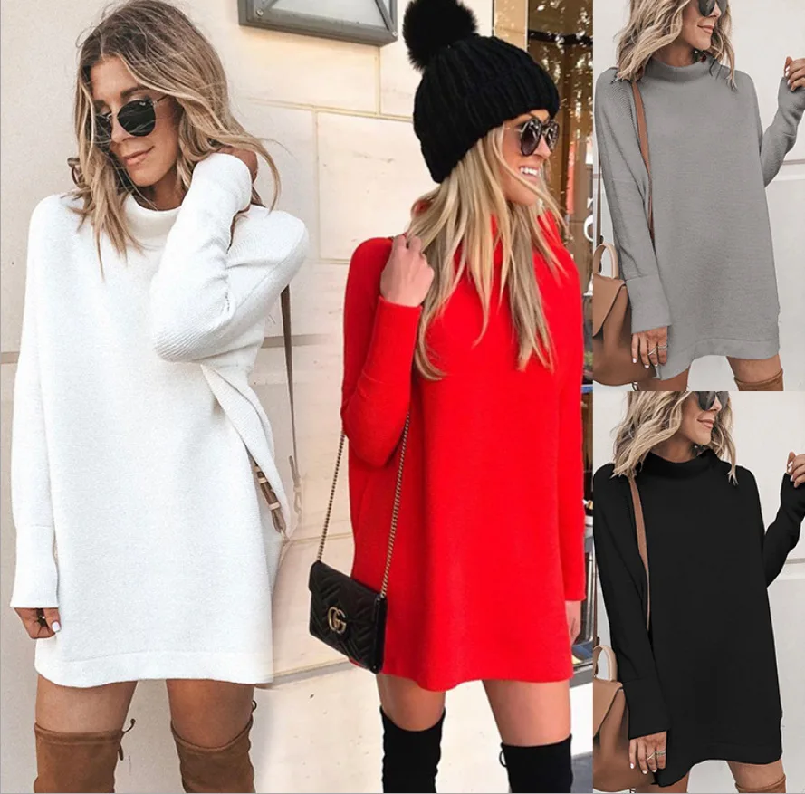 

Women Knitted Solid Dress Half High Collar Full Sleeve Loose Fit Casual Thick Midi Dresses Straight Skirts Office Ladies