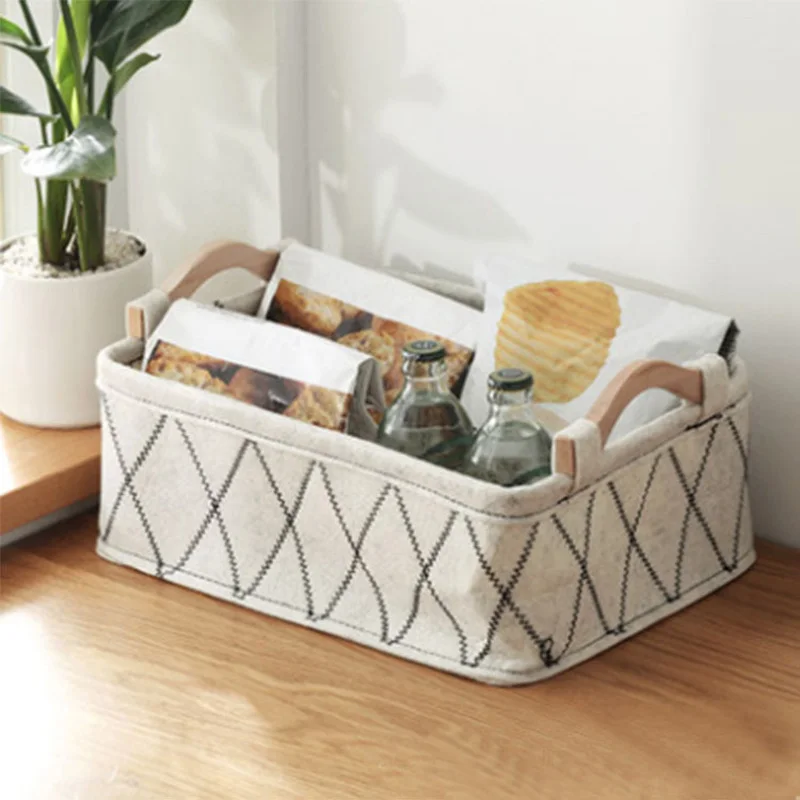 Felt Storage Basket Desk Organizer Toy Basket Storage Bins Makeup Organizer Basket Desktop Wooden Handle Storage Organizer Box