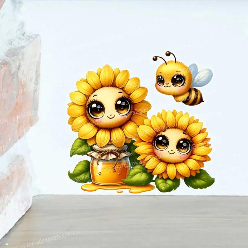 Cute Sunflower Bee Honey Picking Wall Stickers for Kids Room Self-Adhesive Home Decorative Wallpaper Background AA48