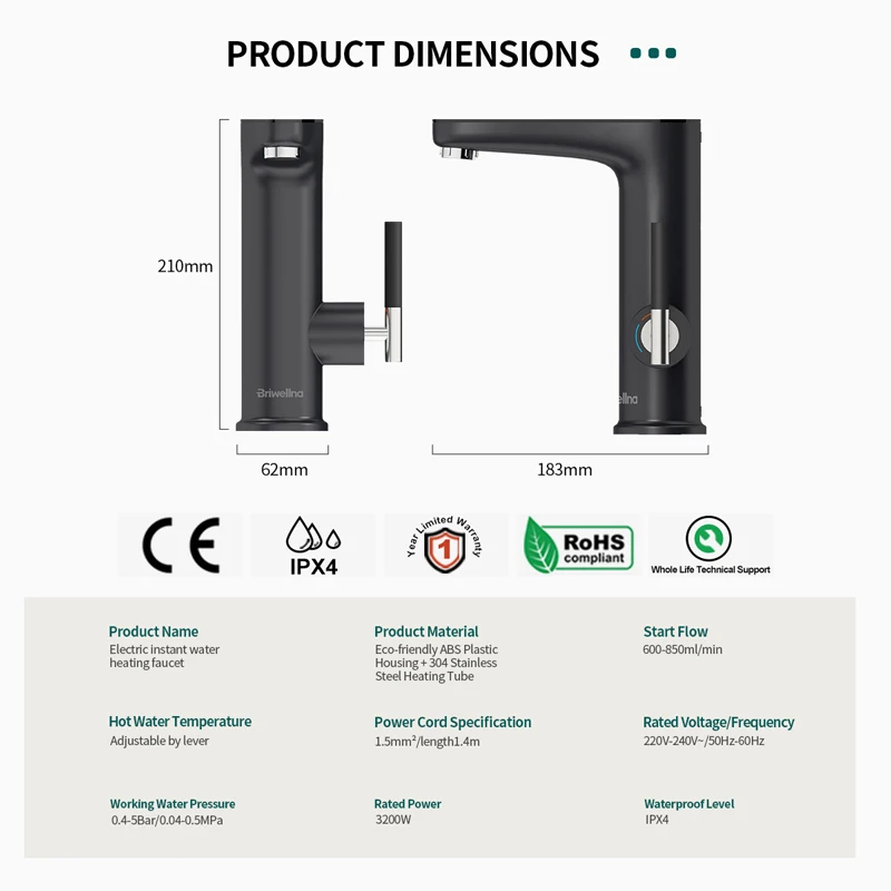 Briwellna 가정용 전기 온수기 온수 수도꼭지, 탱크리스 가이저, 대야 탭, 2 in 1, 220V