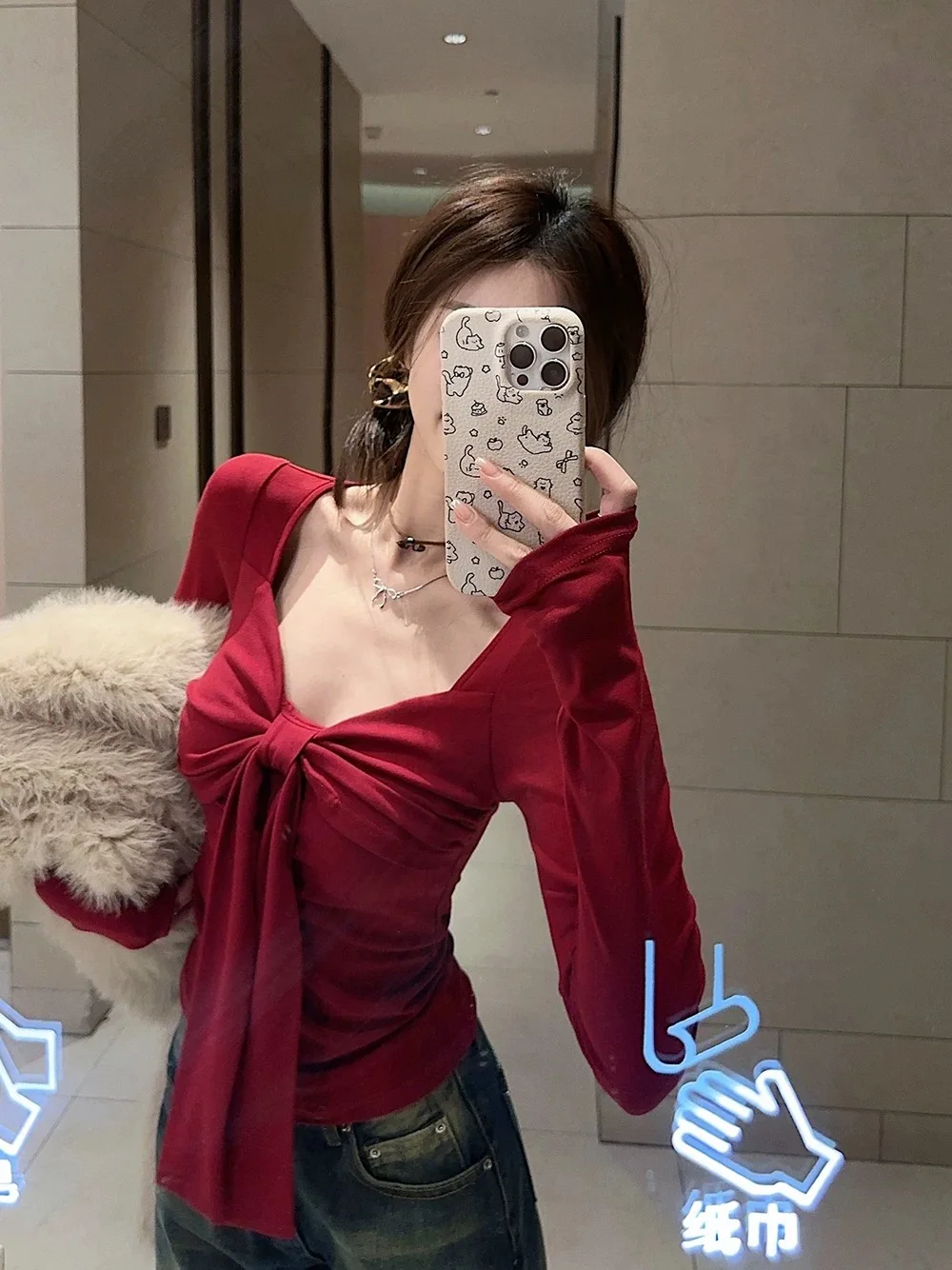 T-shirt da donna lunga Sve di inizio autunno Coreano Sle Slim Fit Strato base irt con nodo V-ne Abbigliamento interno stretto