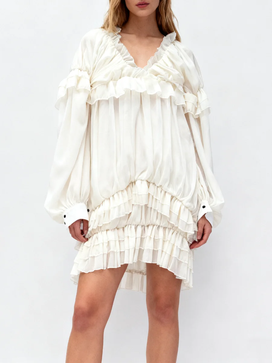 TWOTWINSTYLE الصلبة فضفاض تقسم الكشكشة طيات فساتين غير رسمية للنساء الخامس الرقبة طويلة الأكمام فساتين راقية الملابس النسائية جديد