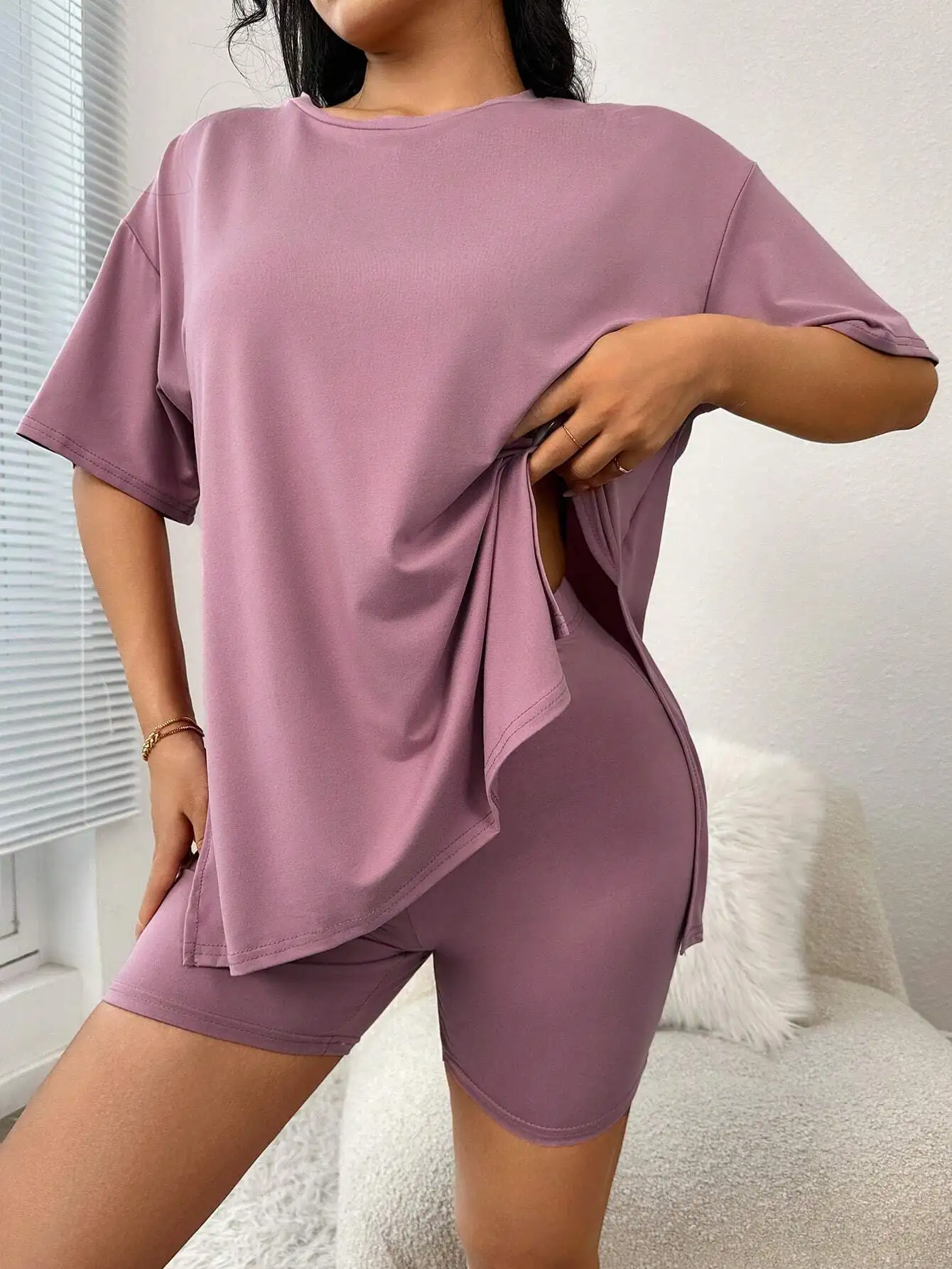

Drop Shoulder Split Hem Tee & Shorts Lounge Set