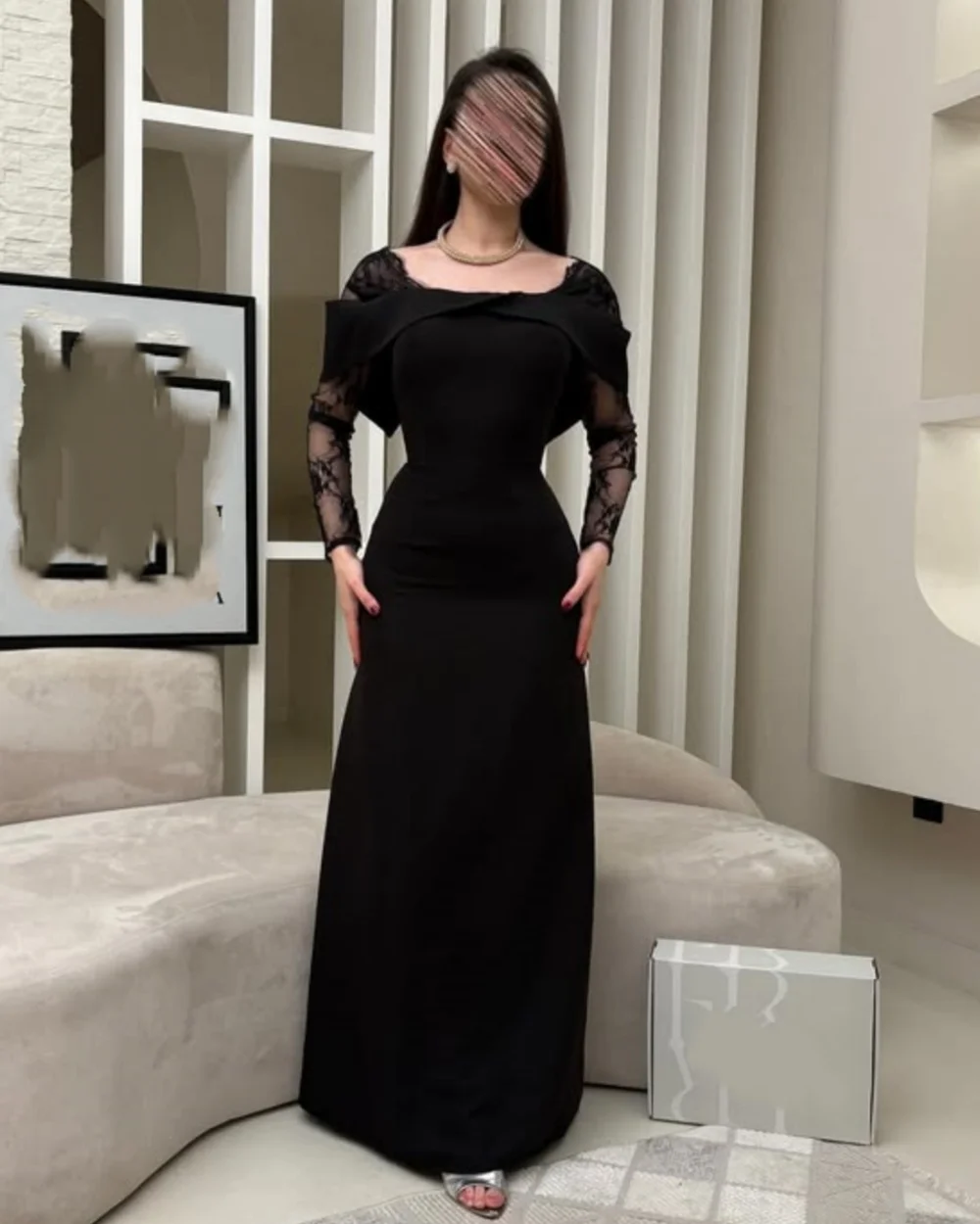 

Customized Formal Simple Black Jersey Ruched A-line Prom Dress Saudi Arabia Retro Scoop Neck Long Sleeves Lace Evening Dresses