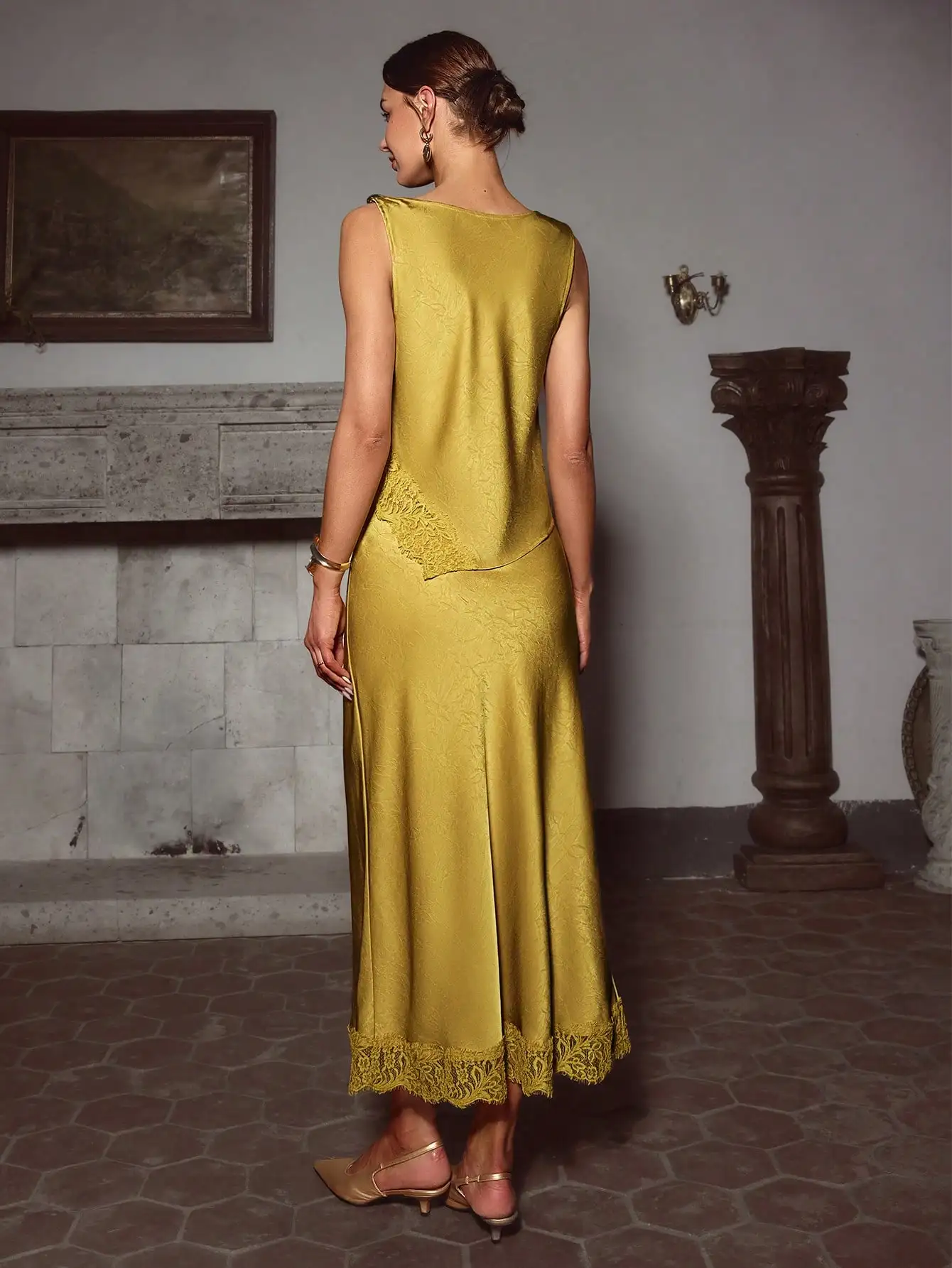 

Elegant Satin Lace Patchwork Sleeveless Maxi Dress For Party Wedding Guest