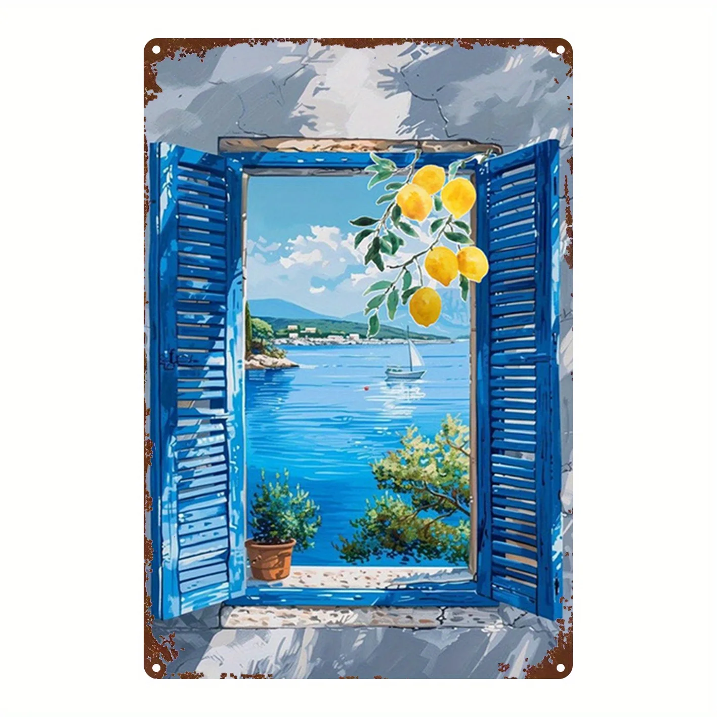 2D Flat - 1pc Mediterranean Coastal Blue Shutters & Lemon Tree Window Metal Wall Art - Turquoise Greek Island Decor - Vintage Se