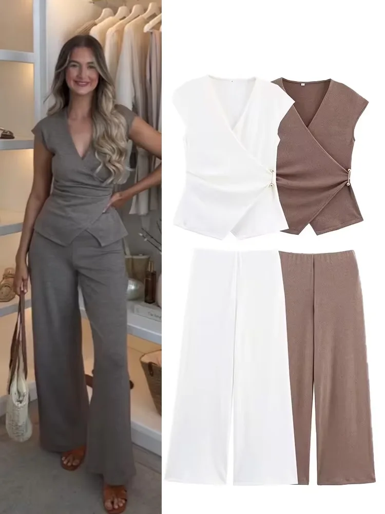 

HH Женский модный комплект из 2 предметов, однотонный комплект без рукавов с v-образным вырезом, плиссированный декор, короткий топ + эластичная талия, свободный повседневный комплект брюк