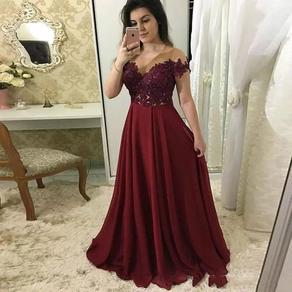 

GUXQD Off Shoulder Burgundy Evening Party Gowns Chiffon Vestidos De Festa Sexy Illusion Neckline Lace Formal Princess Prom Dress