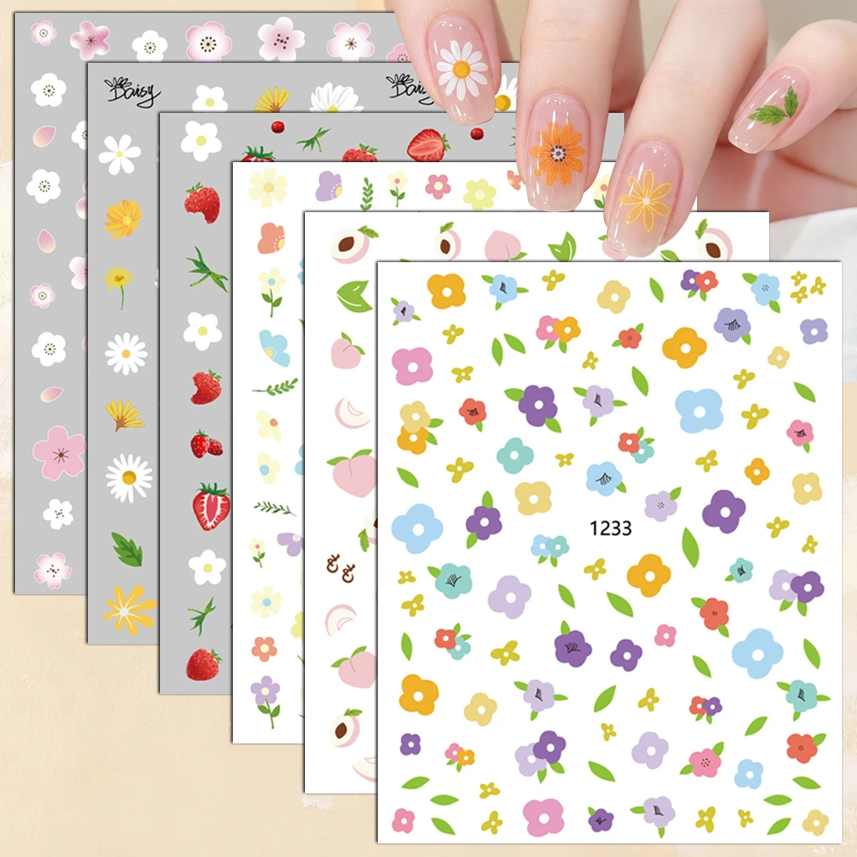 3 to 12 Sheets 3D Flower Daisy Cherry Blossom Strawberry Peach Leaf Floral Spring Summer Self-Adhesive Nail Art Stickers