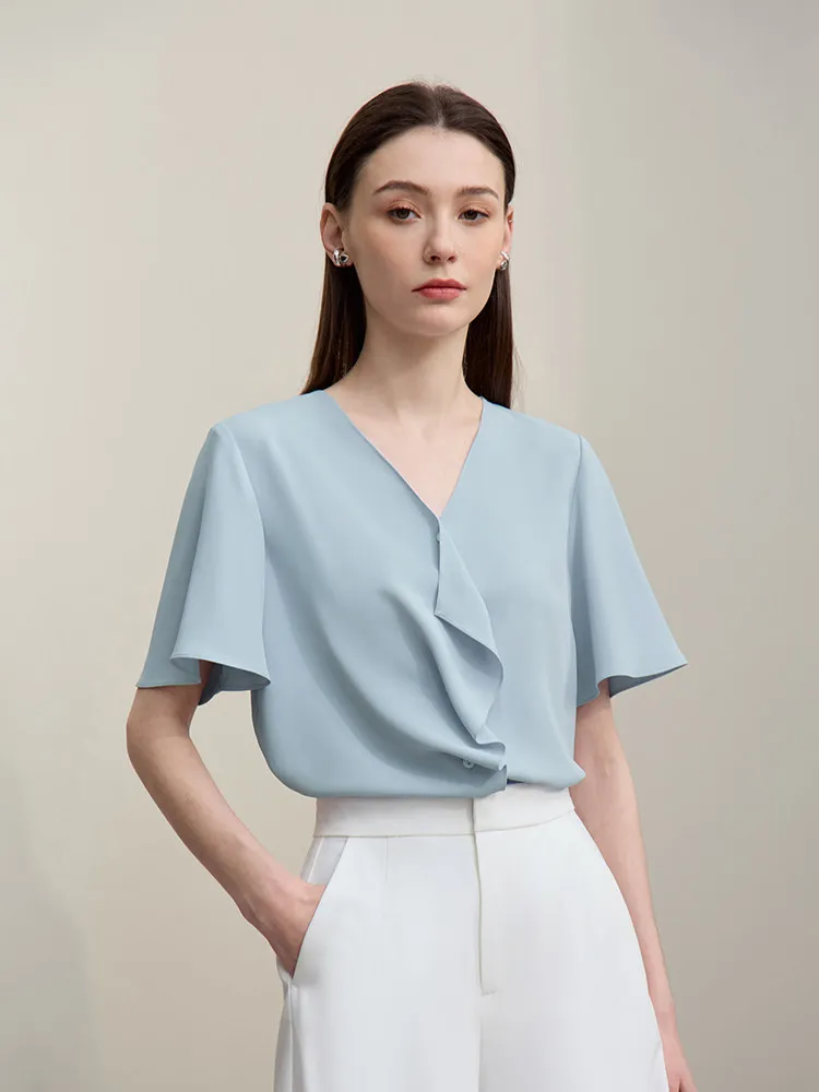 

Amii Women's Blouse 2026 Summer New V-Neck Pleated Short Sleeve Chiffon Top for Women Elegant Office Straight Fit Shirt 12622072