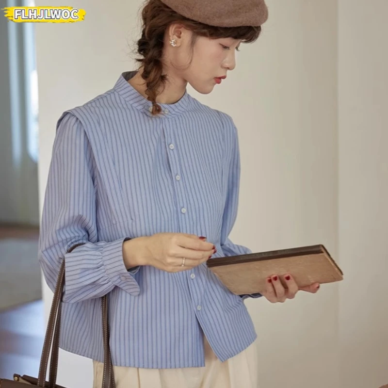 Hot Sales Cute Sweet Tops Blouses 2025 Spring Japan Girls Preppy Style Long Sleeve Retro Vintage Button Blue Stripe Shirts