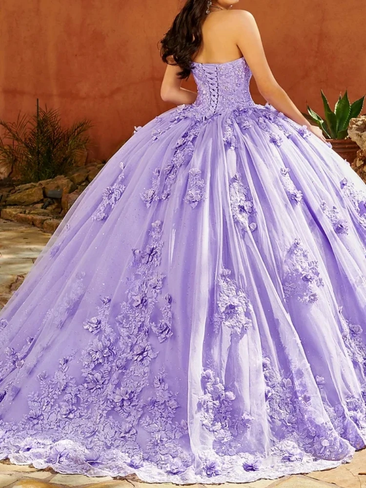 

Elegant Light Purple 15th Girl Quinceanera Dresses Short Sleeve 3D Floral Lace Up Ballgown Dance Prom Birthday Party Dress 2025